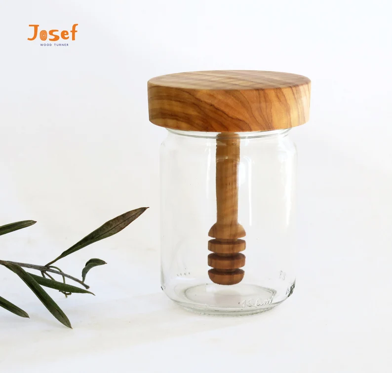 Olive Wood Honey Jar with Dipper