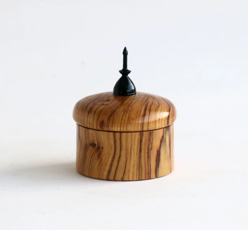 Olive Wood Ring Box / Ebony Finial