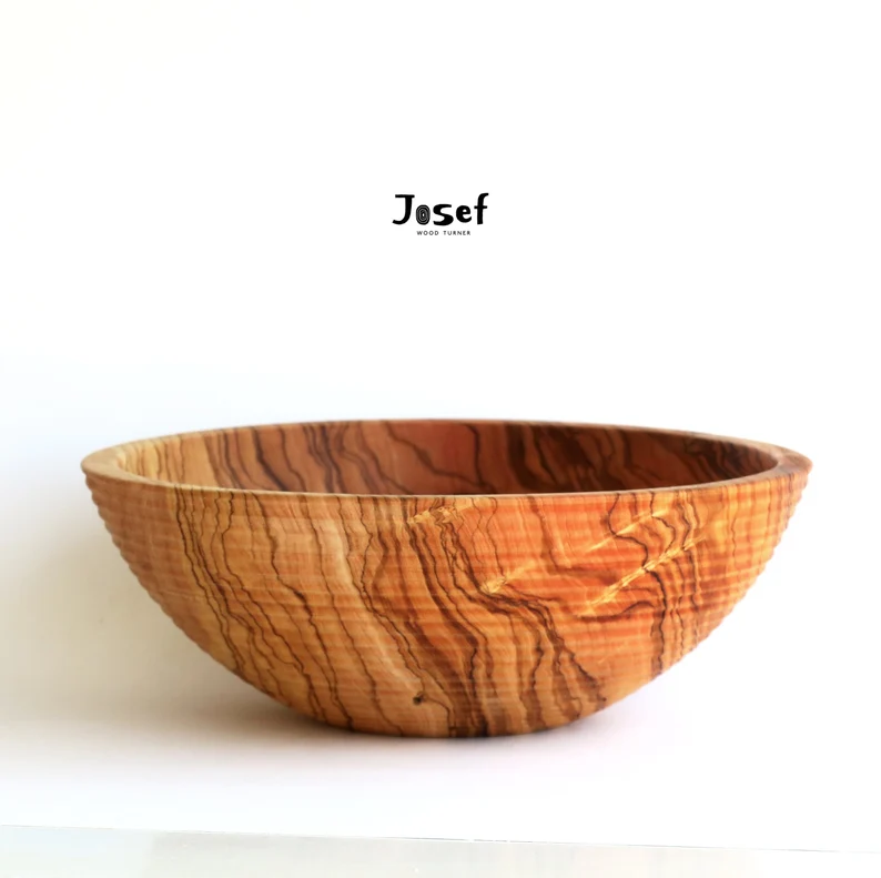 Olive Wood Rustic Salad Bowl with Grooves