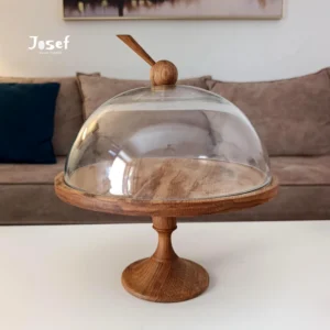 Oak Wooden Cake Stand with Glass Dome 1
