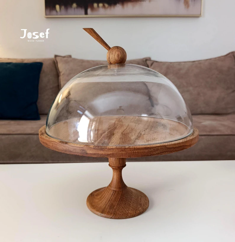 Oak Wooden Cake Stand with Glass Dome 1