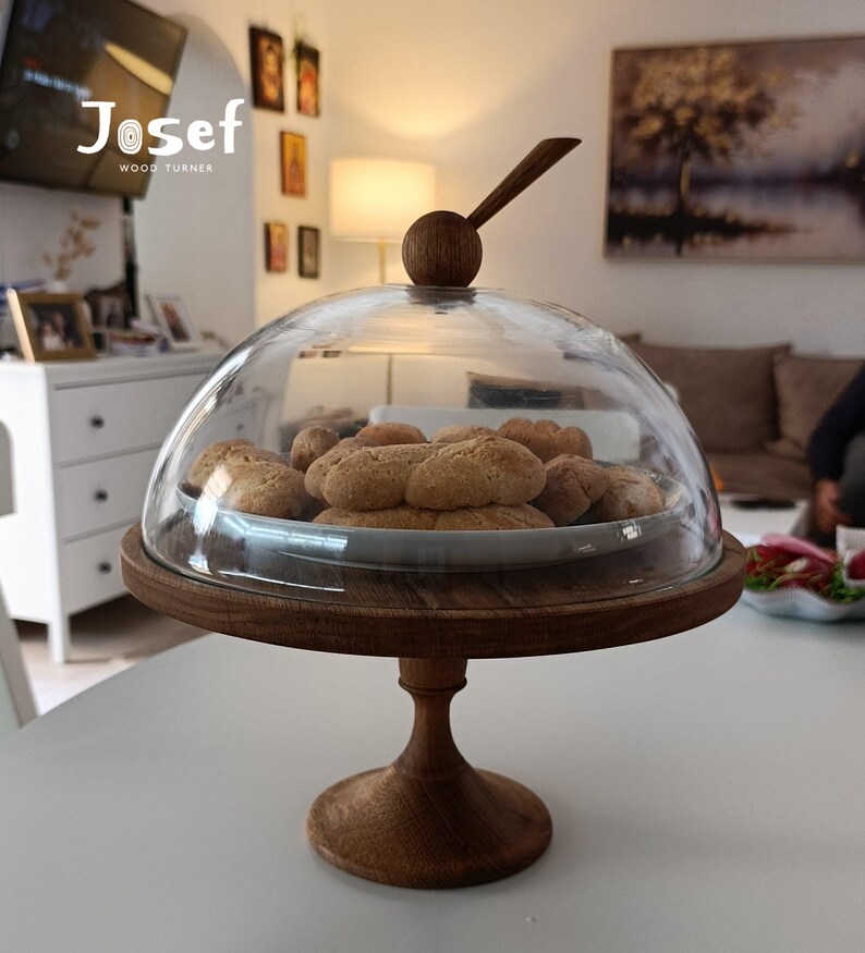 Oak Wooden Cake Stand with Glass Dome