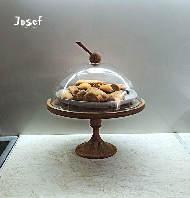 Oak Wooden Cake Stand with Glass Dome