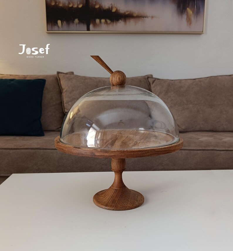 Oak Wooden Cake Stand with Glass Dome