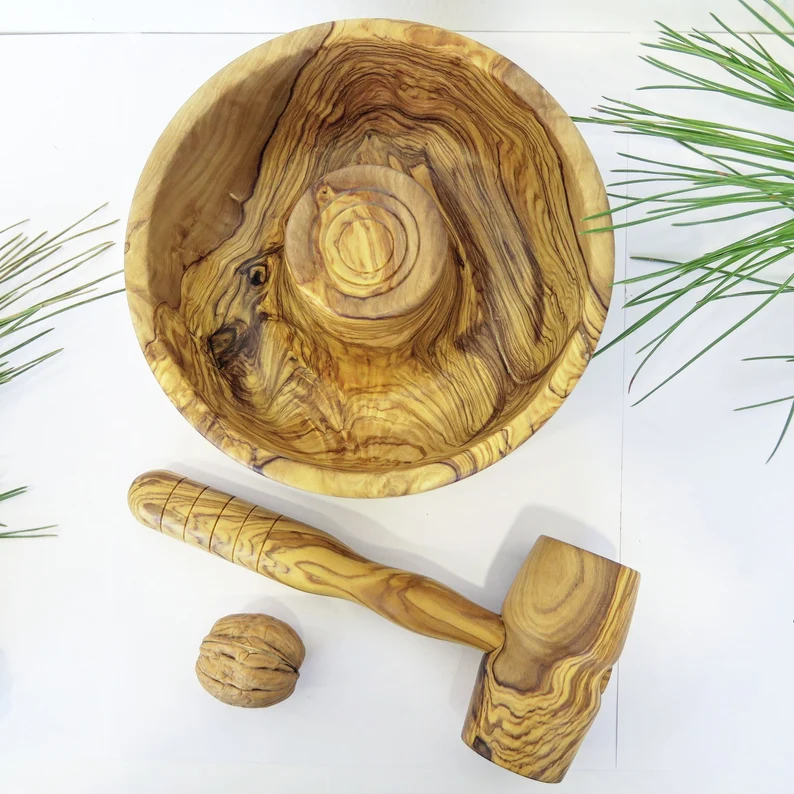Olive Wood Nut Cracker Bowl and Mallet Set
