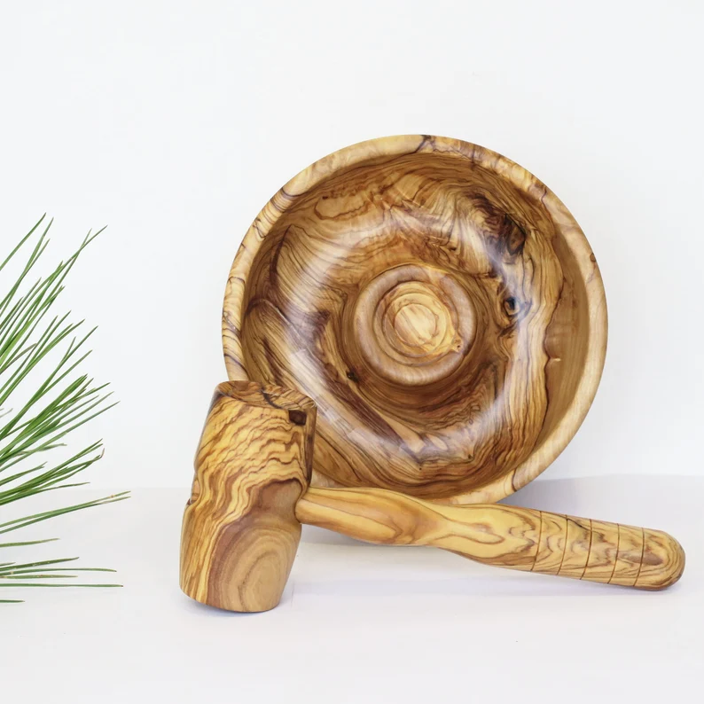 Olive Wood Nut Cracker Bowl and Mallet Set