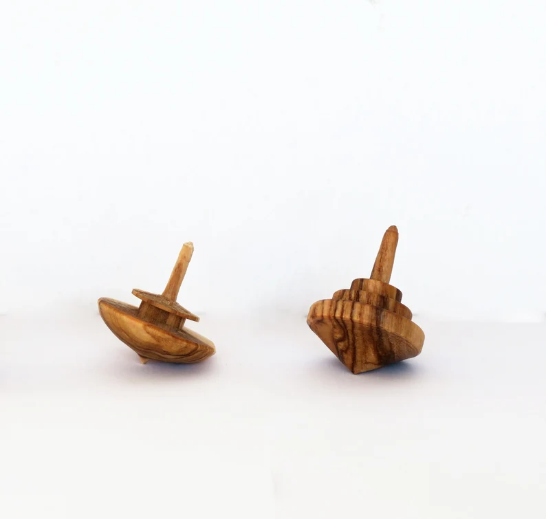 SET of 4 Tiny olive wood spinning tops