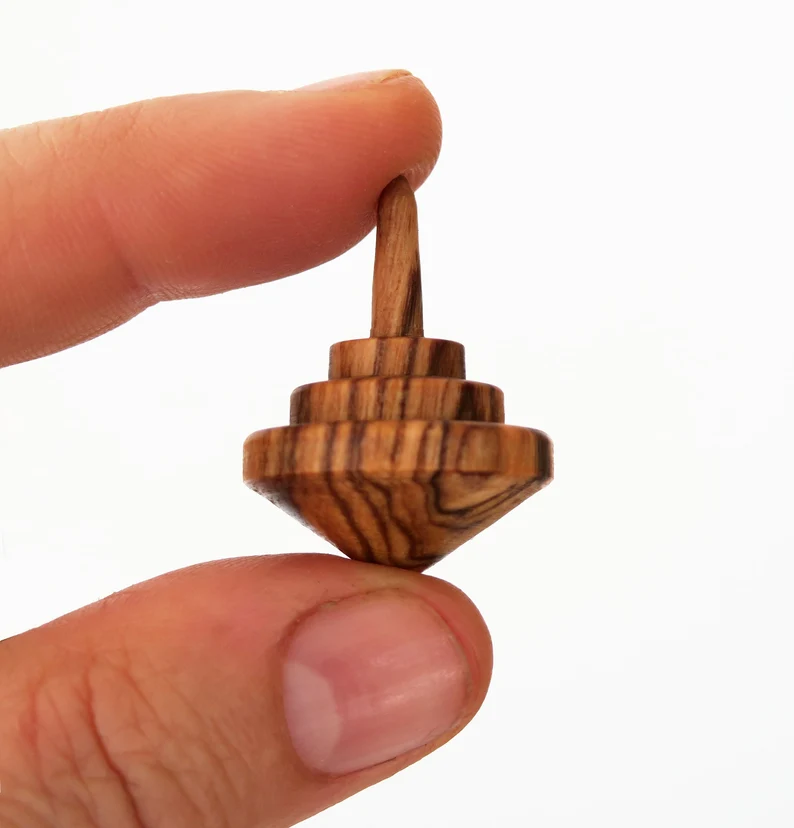 SET of 4 Tiny olive wood spinning tops